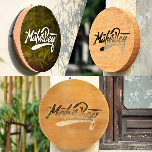 圆形双面灯箱 金色店招木纹招牌 镂空发光字复古铜门牌创意广告牌