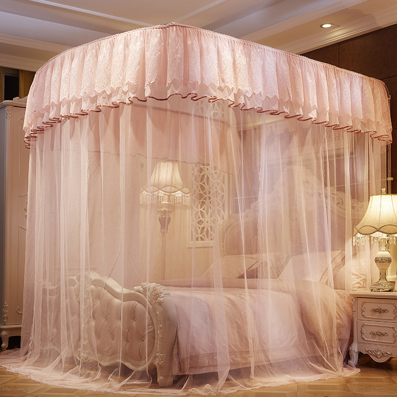 提花U型伸缩蚊帐公主风家用1.2/1.5m1.8米床加密支架落地纹帐欧式