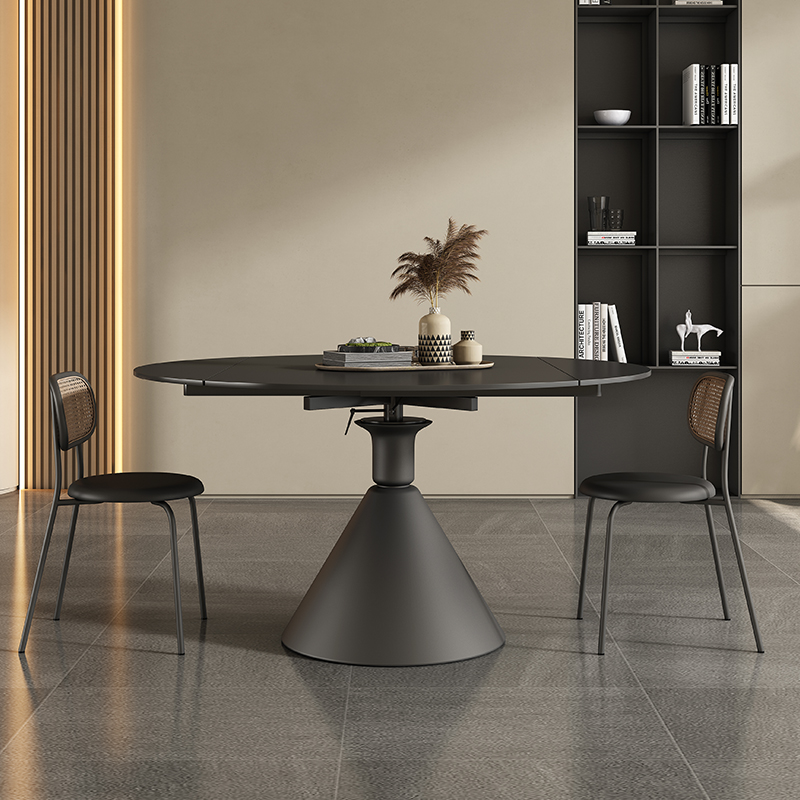 黑色方圆两用岩板餐桌简约现代家用小户型可旋转伸缩多功能变形桌