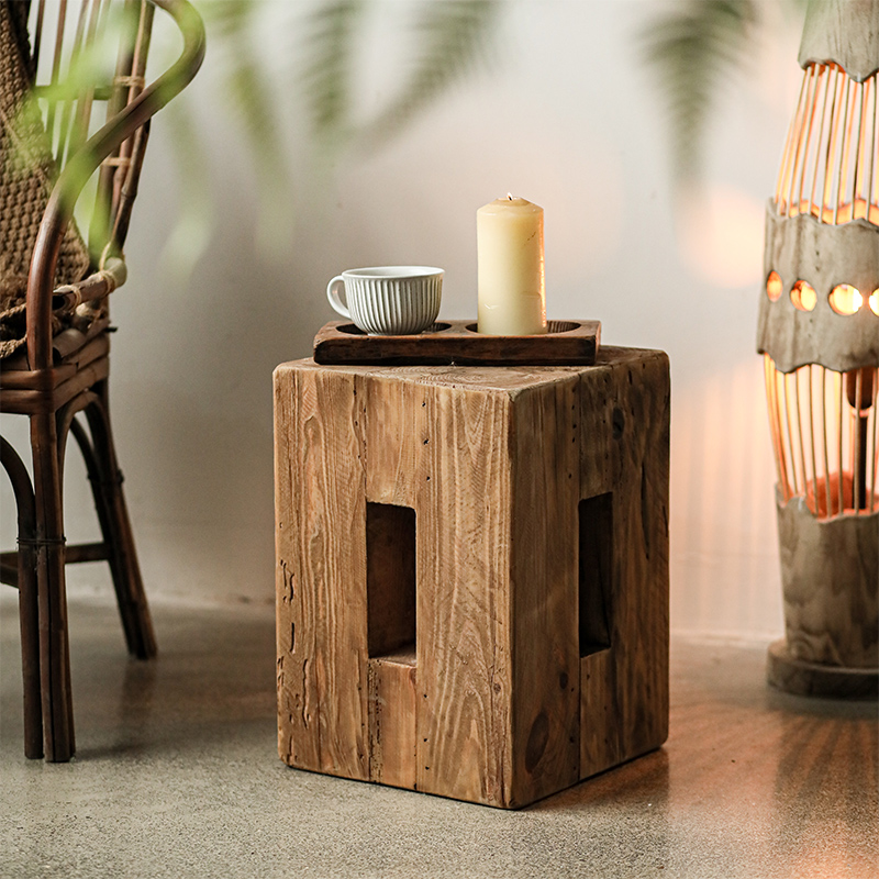 老松木开孔方形边几茶台复古做旧侘寂风实木民宿客厅小茶几高级感