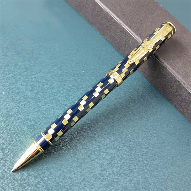 文荣989棋盘格金属圆珠笔黑色G2笔芯旋转出芯可换中性芯黄铜商务