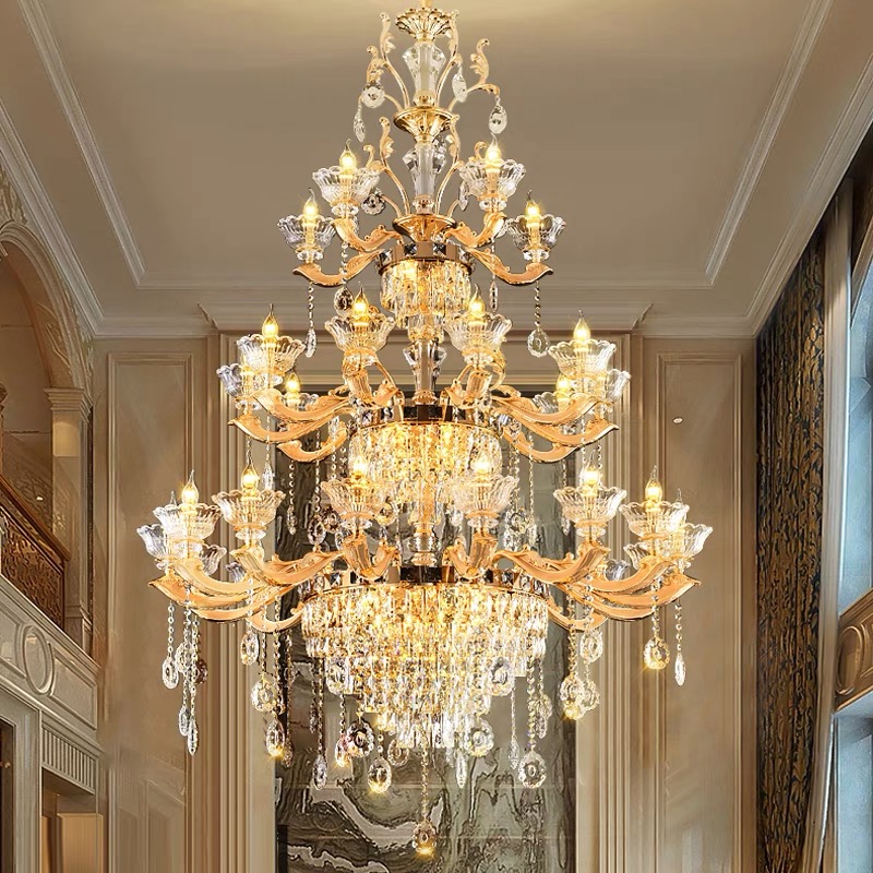 豪华别墅复式楼客厅水晶大吊灯挑空楼中楼酒店大堂灯具欧式锌合金