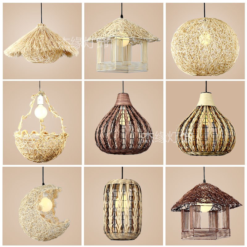 藤艺吊灯创意个性餐厅民宿饭店圆球形复古竹编鸟巢草帽酒店装饰灯
