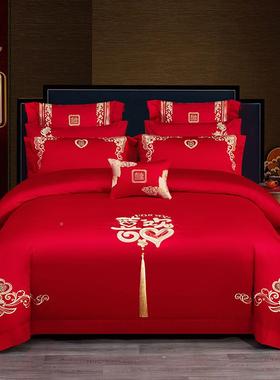 新款10棉0支长绒绣棉时尚花婚庆VIK式四件套多件套全新中大红色四