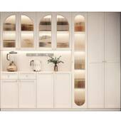 一体靠墙超薄餐边柜高柜家用极窄酒柜客厅储物柜法式 奶油风玻璃门