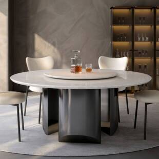 高端意式极简中古风别墅大平层天然大理石铂金钻奢石圆餐桌！