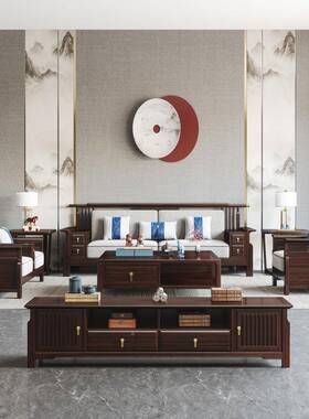 现代简乌金木实木沙发+2+13组合新中式三木布沙约发人位客FPQ厅家