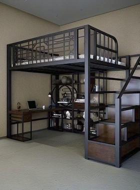 铁中艺高架间床小户型35737式省空复式二楼阁床单上上床下层桌铁