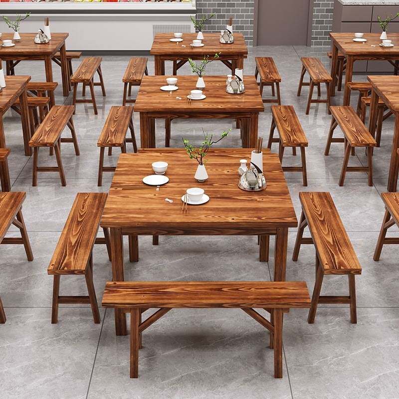 炭烧木餐桌实木桌椅餐桌小吃店大排档烧烤面馆饭店加厚四方桌子厂