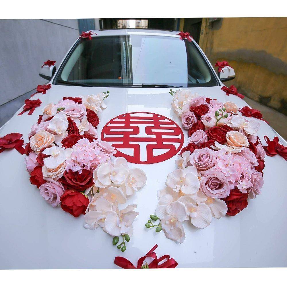 用车头拉花森红系布色结婚主婚车装饰品套装仿真花HZ851383置吸盘