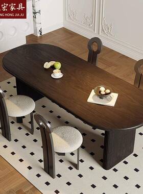 WY240510宏诚中古风原木厅餐桌椅合餐厅饭组桌客椭圆形吃饭桌子实