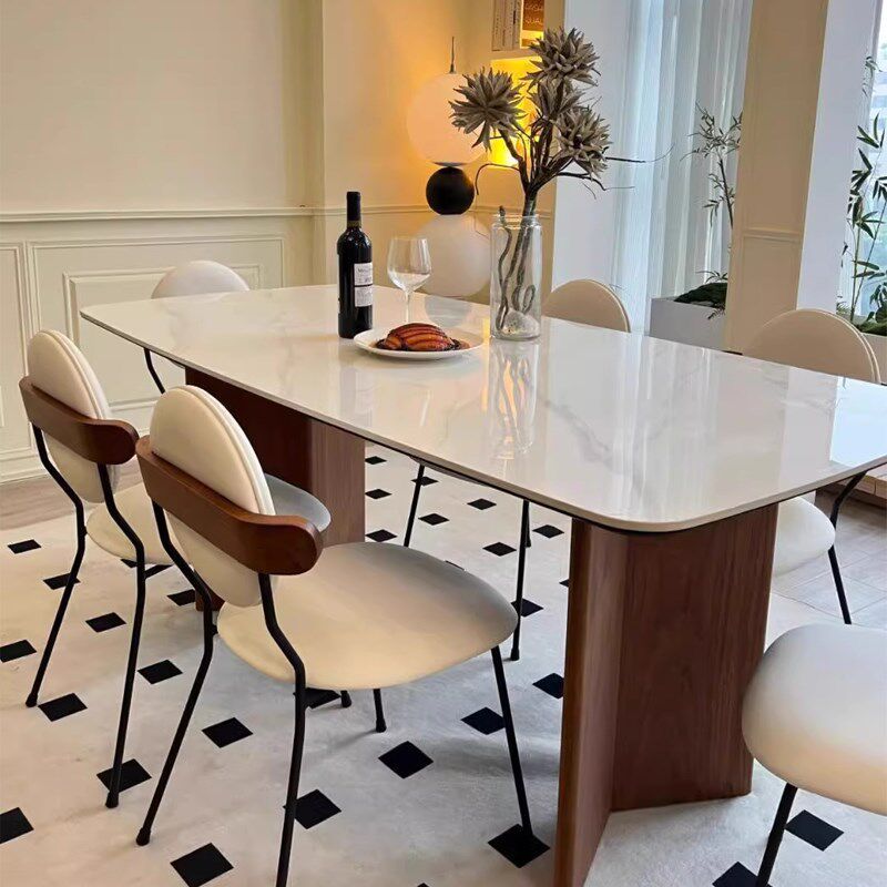 法式复古风桌子胡桃色实木长条岩板侘寂茶桌长方形中古小户型餐桌