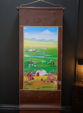 蒙古元素挂画装饰画竖版高档次卷轴画动物风景民族特色挂墙皮画