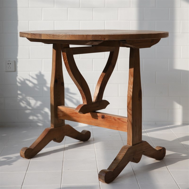 法式乡村侘寂风实木老木头折叠圆桌休闲茶咖啡餐桌子梅拉德色