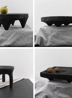 陈列碳烧木质现代侘寂风圆盘果盘摆件样板房售楼部民宿桌面软装