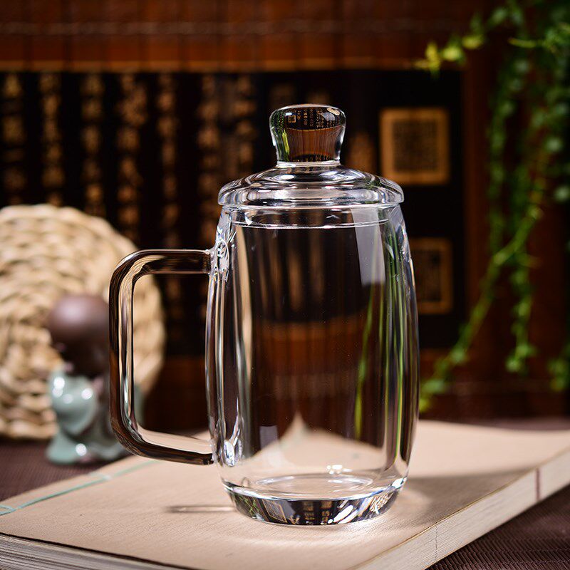 东海原矿工艺水晶杯手工制作带把手带盖高档商务办公茶杯会议水杯