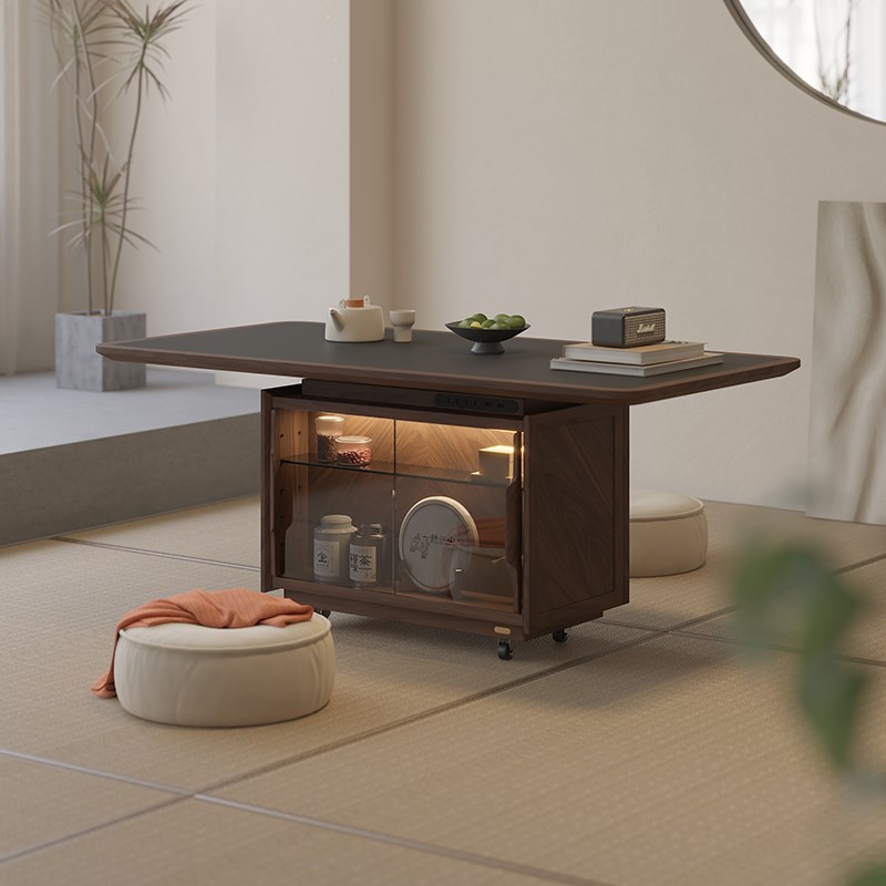 实木可升降茶几客厅小户型移动阳台茶桌家用黑胡桃木岩板餐桌书桌