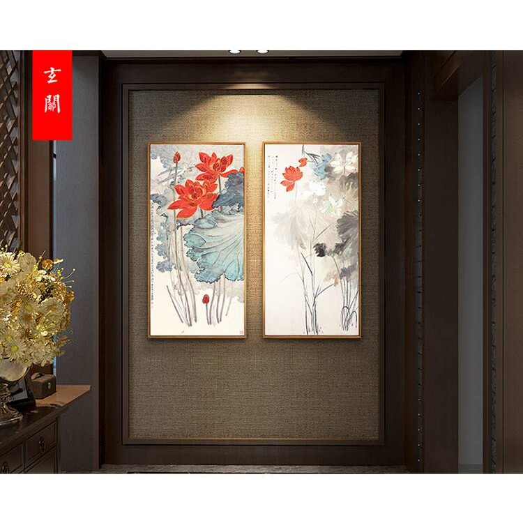 圣仕 新中式玄关装饰画现代书房客厅餐厅走廊荷花挂有框画张大千