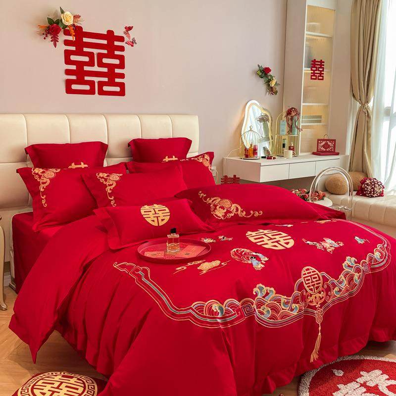 简QOG约式婚庆件套大中红色龙四凤刺绣喜被婚被房床单套结婚床上