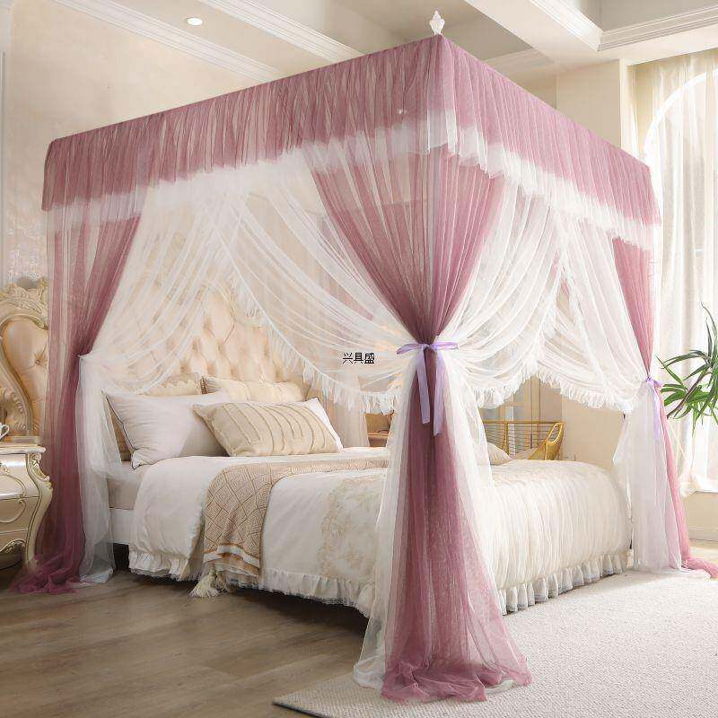 2024新款双层纱落地蚊帐三开门公主风方顶宫廷文帐带支架加密纱幔