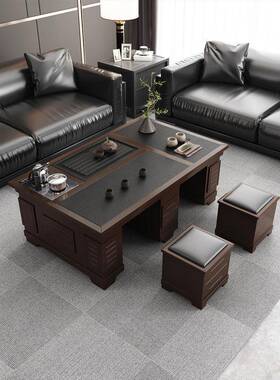 客现代岩板功夫实茶几茶具一体86330厅火烧石茶几木桌家用办公室