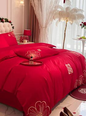 端结婚纯棉上四件套高婚庆款大红色被套床单床笠婚IAI嫁床用品4