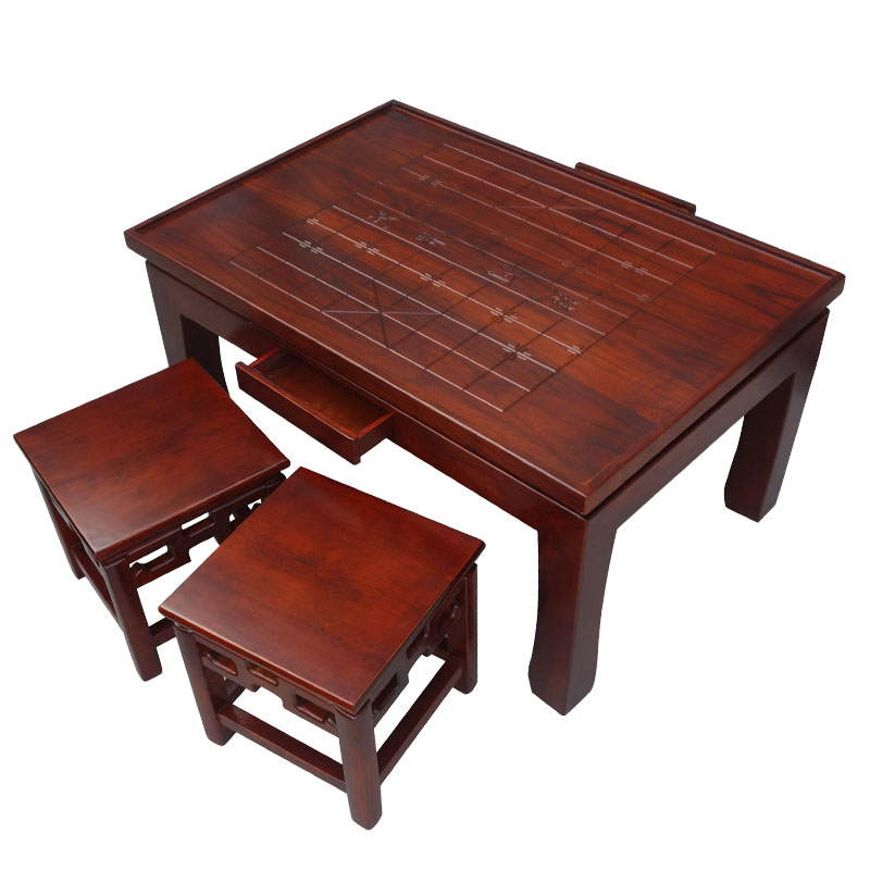 五子象棋桌围棋桌实木仿古休闲两用多功能抽屉棋盘桌榆木桌凳