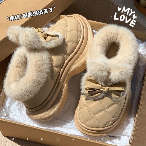 毛绒棉拖鞋女士冬季2025新款包跟保暖室内家居蝴蝶结厚底包跟棉鞋