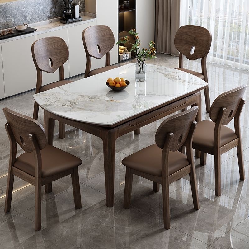 北美黑胡桃木岩板实木餐桌家用小户型可伸缩折叠现代简约可变圆桌