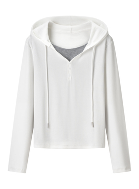 【小田专享】 假两件纽扣连帽撞色长袖T 659