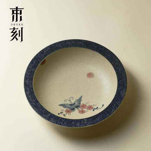 束刻青花火石红圆形壶承高档手绘蝴蝶粗陶干泡盘家用养壶茶托茶盘