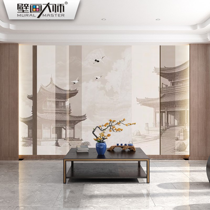 中式壁布202新款客厅电视沙发背景墙布楼阁山水墙纸酒店茶室壁画