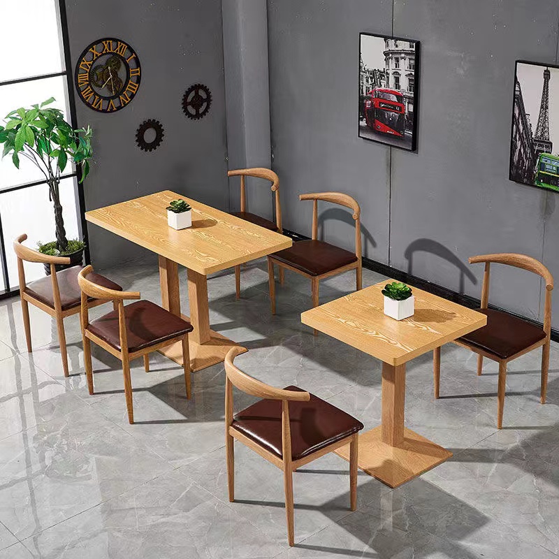 快餐桌椅铁艺仿实木牛角椅简约奶茶甜品汉堡店方桌食堂饭店餐桌椅
