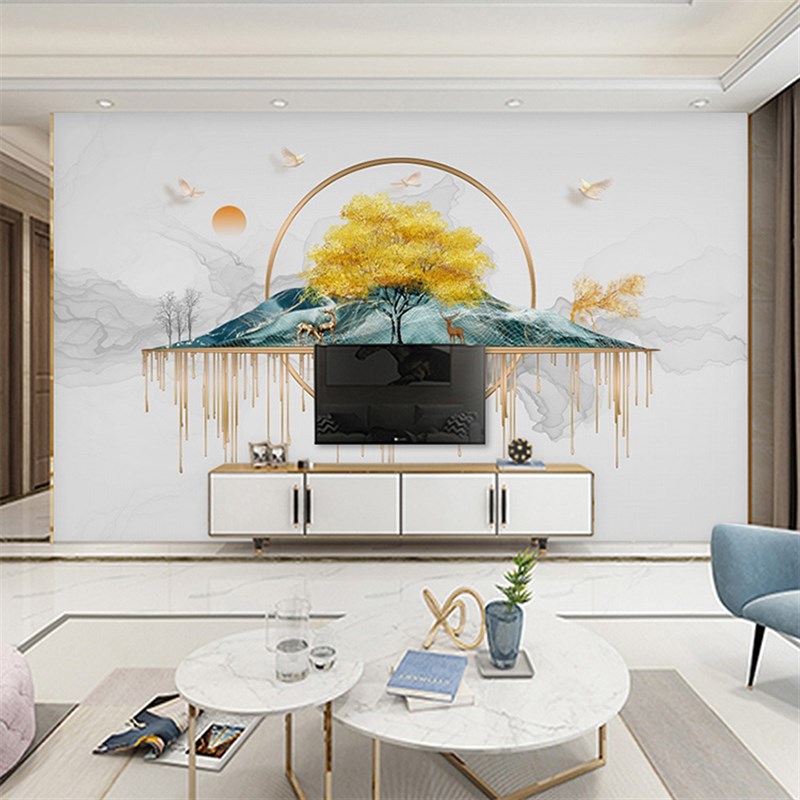 5D现代简约大理石电视背景墙布8D客厅沙发麋鹿山水招财墙纸壁画