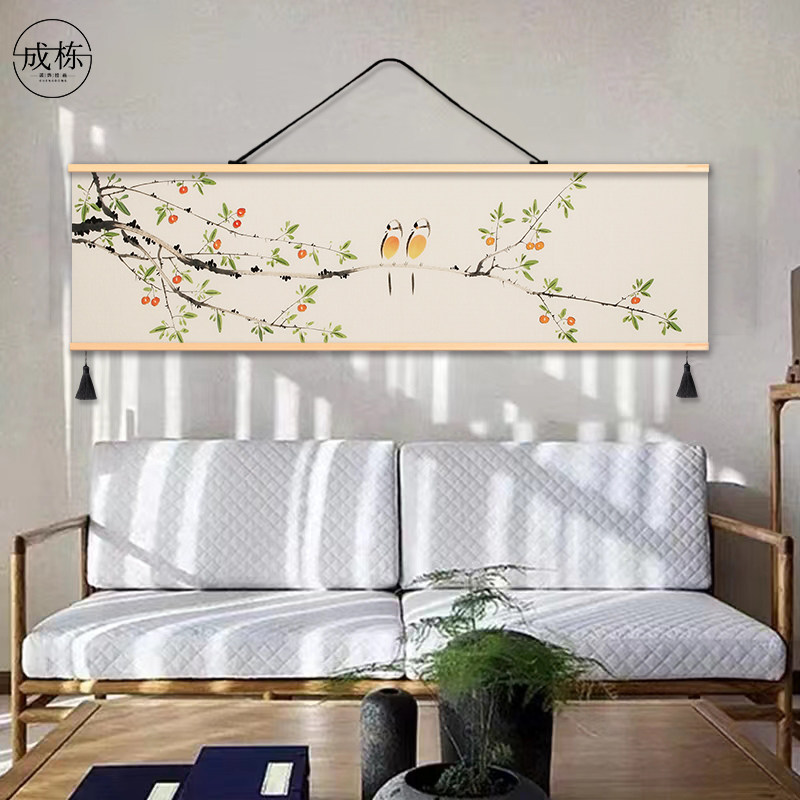 中式山水花鸟装饰画客厅书房艺术挂画布艺横版大尺寸挂布背景布