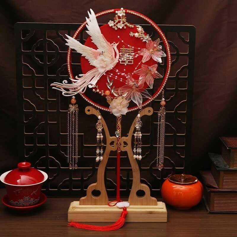 团扇新娘结婚DIY材料包红色手工刺绣出嫁喜扇中式高级定制双面图片