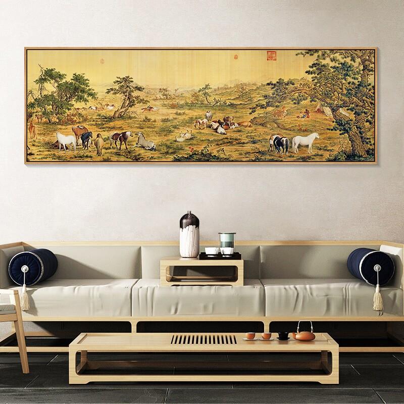 中式风格喷绘装饰画郎世宁百骏图挂画 客厅沙发背景墙画金色铝合