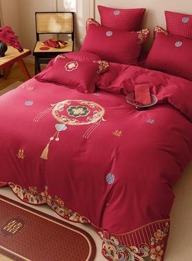 新中式轻奢刺绣花婚庆全嫁棉四件套100S结纯红陪床上喜被棉BRE套