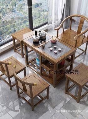 实木旋转组茶桌阳台家用动茶台喝茶桌椅茶合小型几移具烧水壶NDZ