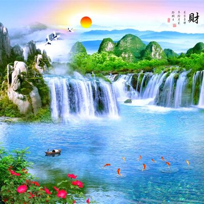 FJ1020瀑布山水电视沙发背景墙流水生财电视墙沙发靠山聚宝盆1155