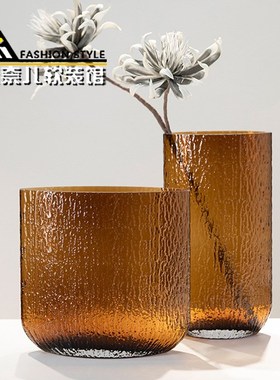 黑色树皮纹玻璃扁花瓶高端水培插花器现代家居客厅样板间软装摆件