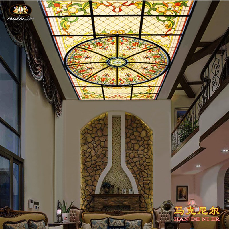 定制别墅洋房酒店吧KTV大厅堂吊顶欧式复古镶嵌教堂彩色艺术玻璃