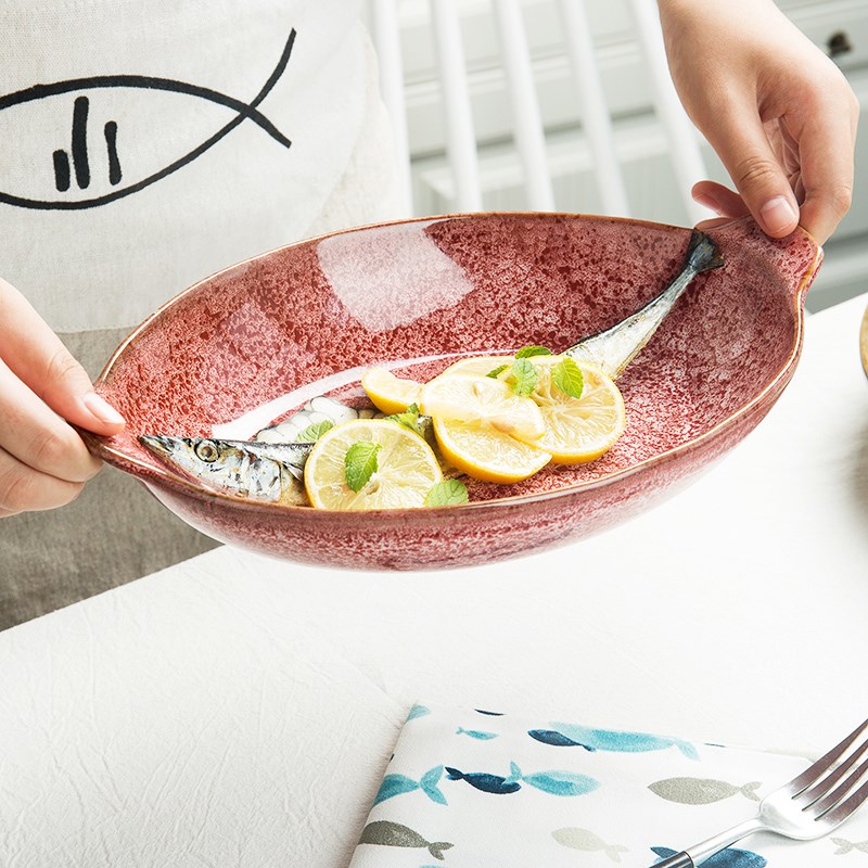 陶瓷盘子菜盘家用创意椭圆形西餐盘焗饭盘耳鱼盘简约烧烤盘菜碟