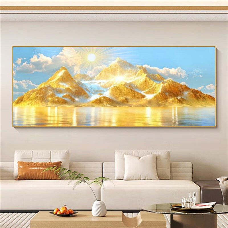 日照金山图客厅西墙装饰画背靠金山聚财山水画沙发背景墙横版壁画