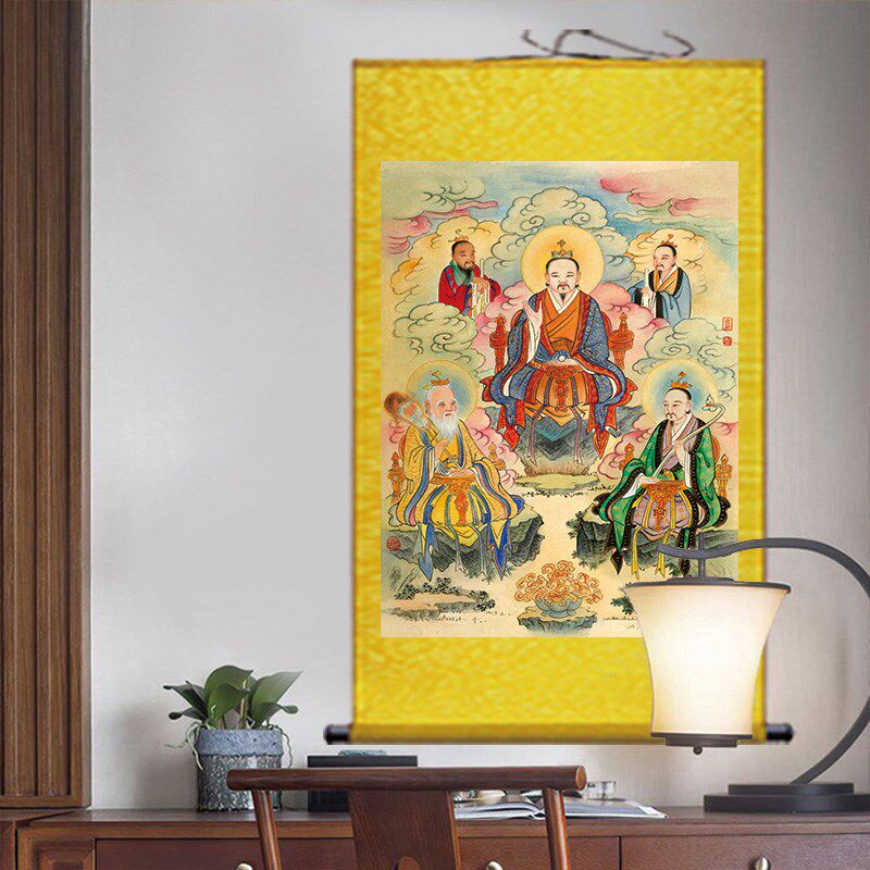 三清祖师丝绢挂画道场水陆画元始道德天尊佛堂神像供奉卷轴装饰画