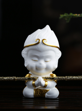 鱼缸造景装饰齐天大圣孙悟空摆件白瓷猴子可爱萌家居茶桌茶玩水族