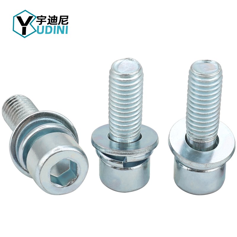 MM5MM8厘M10镀锌8.8级圆柱头内六角三螺丝自带弹垫平垫螺栓