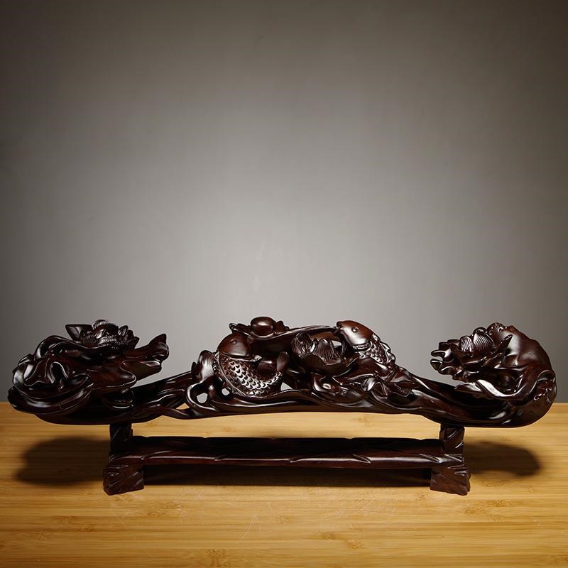 黑檀木雕连年有鱼如意摆件红木家居客厅电视柜装饰工艺品新居送礼