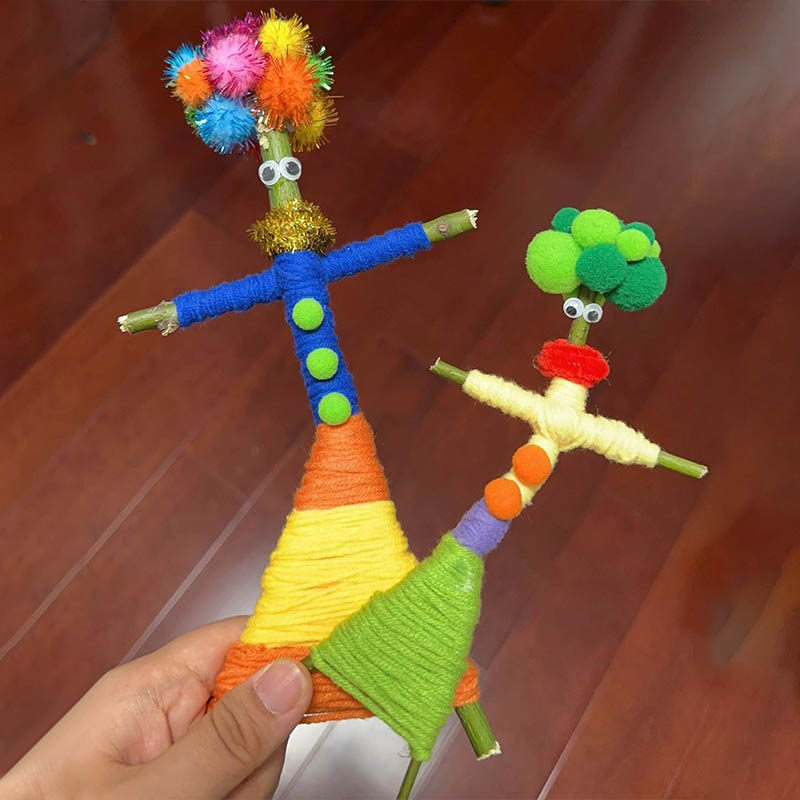 幼儿园编织区树枝小人环创材料创意美术大班手工制作毛线diy区域