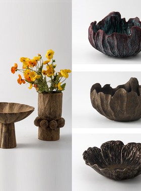 复古怀旧侘寂风陶瓷花器花边果盘摆件样板间酒店民宿展厅花瓶装饰